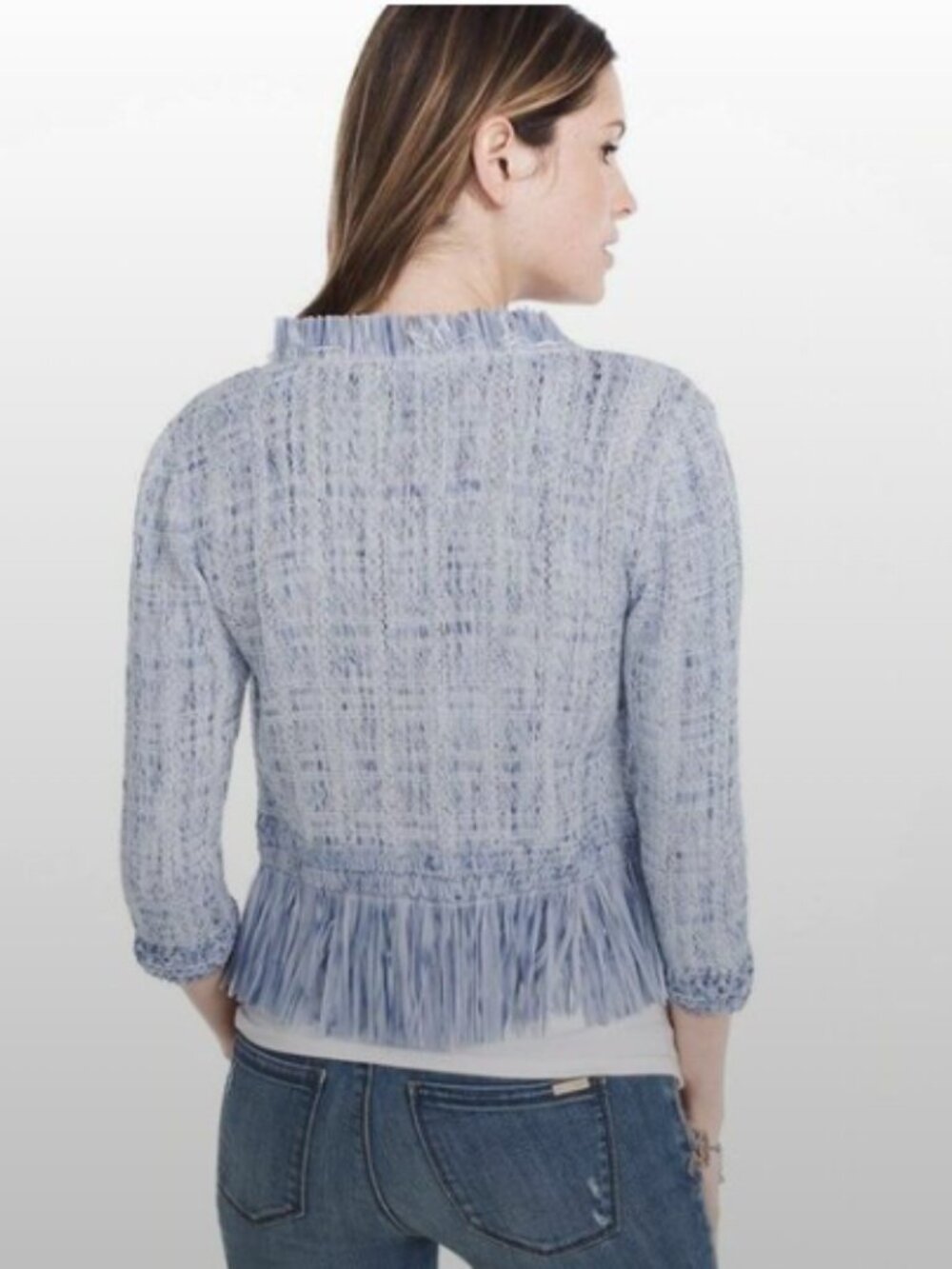White House Black Market Blue Fringe Cardigan Open Front Tweed Jacket Size M - Picture 2 of 12
